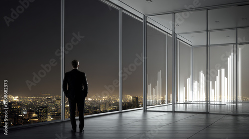 Businessman cityscape night office glass window silhouette modern success growth. Confident businessman silhouette modern glass office overlooking