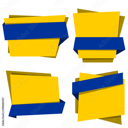 Blank yellow origami sale banner set with blue ribbon wrap isolated on white background is for creative commercial discount promotion and advertising message design decoration