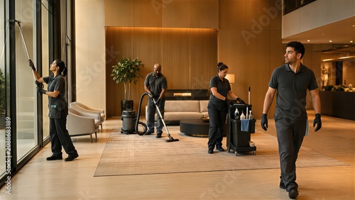 Professional cleaners working in luxury hotel lobby interior. Team of woman and man janitors cleaning floor and window with vacuum and supplies. Commercial maintenance and service concept.