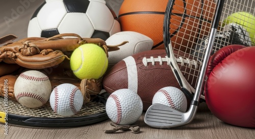 A collection of various sports equipment and balls on a wooden surface with a tennis racket and hock