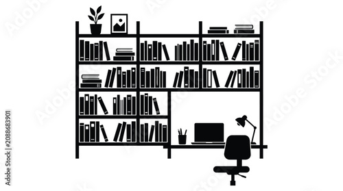 Bookshelf With Laptop And Chair Black Silhouette