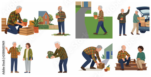 Senior couple moving house and gardening vector illustration set, elderly people packing boxes and plants for relocation
