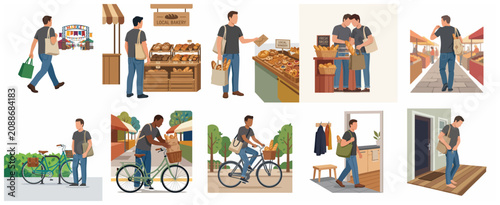 Set of illustrations depicting a man shopping for fresh bread at a local bakery and market using reusable bags and a bicycle for sustainable lifestyle.