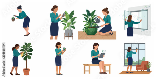 Flat vector illustration set of a professional woman managing indoor air quality, plant care, and smart home technology for a healthy environment.