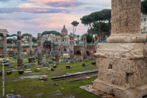 Scenic view over the ruins of the Foro di Traiano and part of Colonna Traiana in Rome, Italy