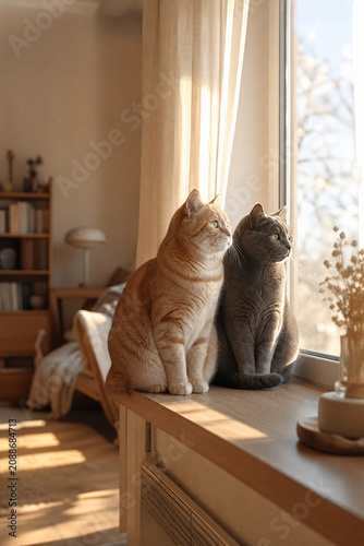 Two cats sit side by side on a wooden windowsill, gazing out a sunlit window in a cozy, warm-toned living room.