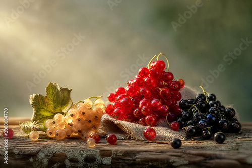 Fresh white, red, and black currants arranged on a rustic wooden table with soft natural light and a green leaf accent.