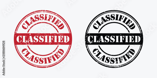 Classified rubber stamp set, red and black grunge document seal icons, secret information vector mark for office files