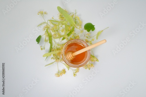 Fresh linden honey in a glass jar with a wooden honey dipper surrounded by blooming linden flowers on a white background. Top view with copy space.