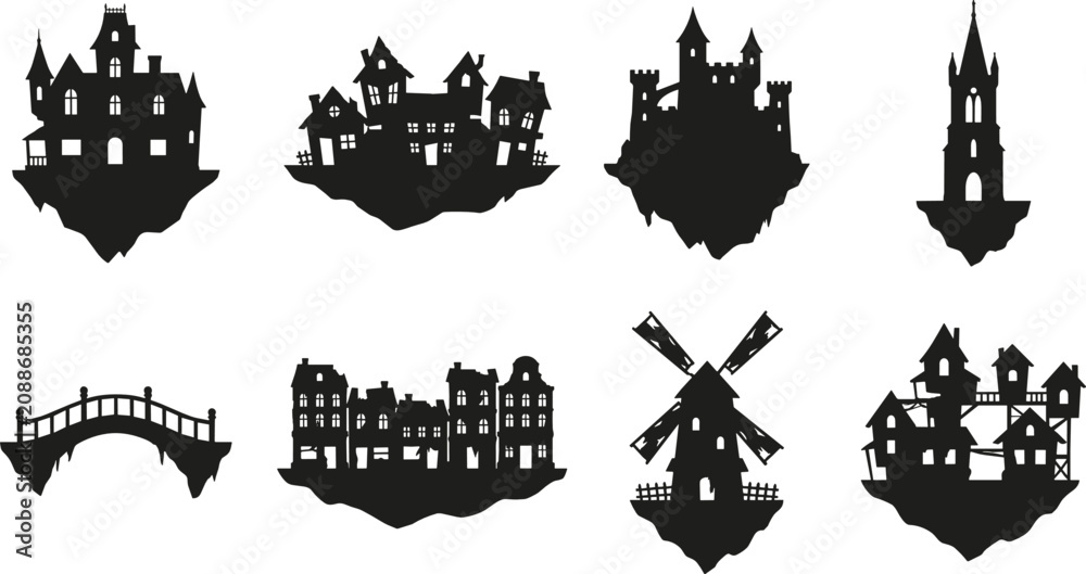 Obraz premium Black castle silhouette collection with fantasy buildings and medieval architecture vector icons