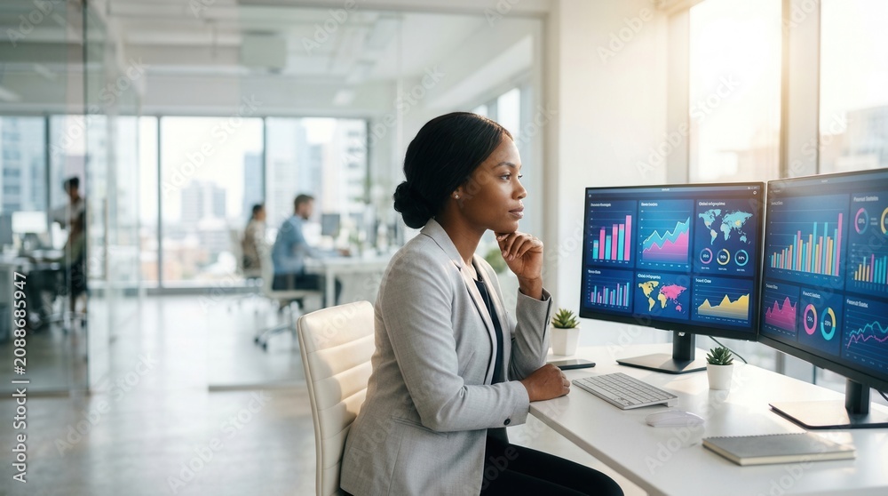 Fototapeta premium Business analyst reviewing complex data dashboard and financial statistics on dual monitors.