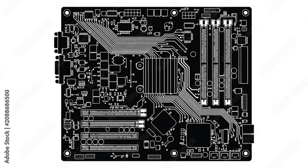 Obraz premium Printed circuit board with electronic components detailed black silhouette pcb electronics