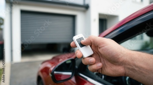 Close up of a person pressing a button on a white garage door remote from inside a car.
