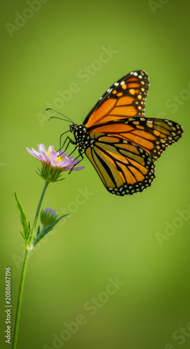 Monarch butterfly feeding on pink flower green background, insect nature