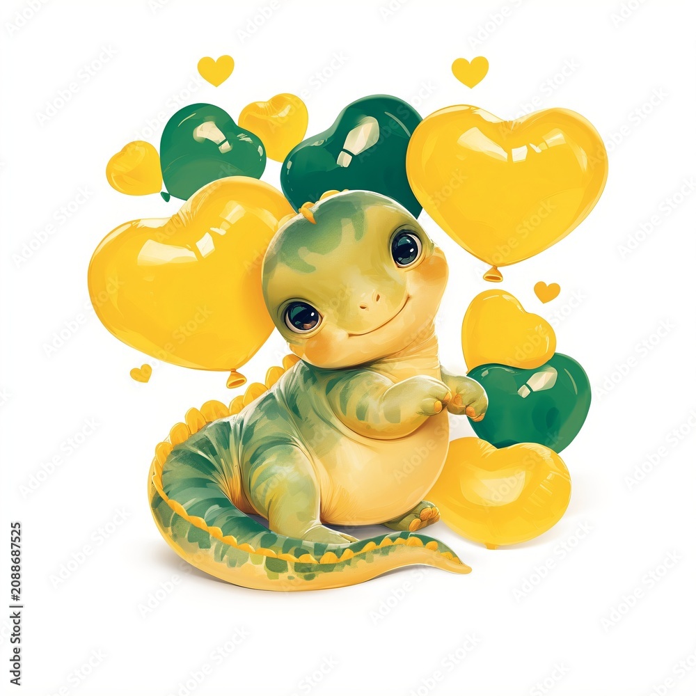 Fototapeta premium Cute baby dinosaur holding balloon for birthday greeting card. Happy little reptile illustration with heart shape decor. Adorable cartoon character design for kids party poster banner.