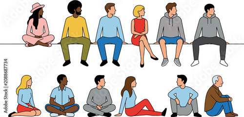 Colorful illustration of diverse people sitting together in casual poses representing community, teamwork, and social gathering