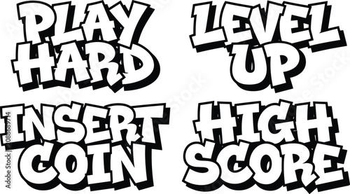 Fotografía Retro game pixel style text set featuring play hard, level up, insert coin, and
