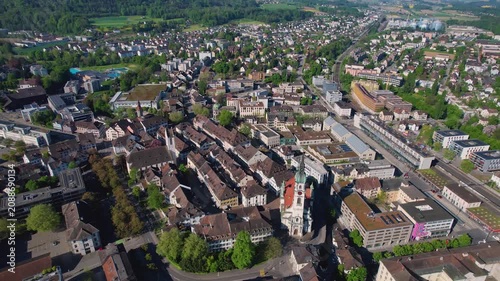 Aerial panoramic view above the old town around the city Frauenfeld in Switzerland on a sunny summer afternoon. 