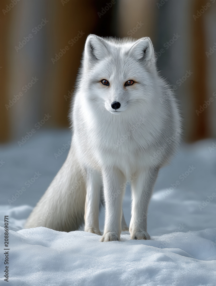 Fototapeta premium Arctic fox standing on snowy ground white fur winter alert expression cold climate wild animal nature outdoors