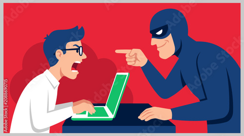 Tableau sur toile Vector Illustration of Angry Man at Laptop Confronting Masked Hacker in Cyber Se