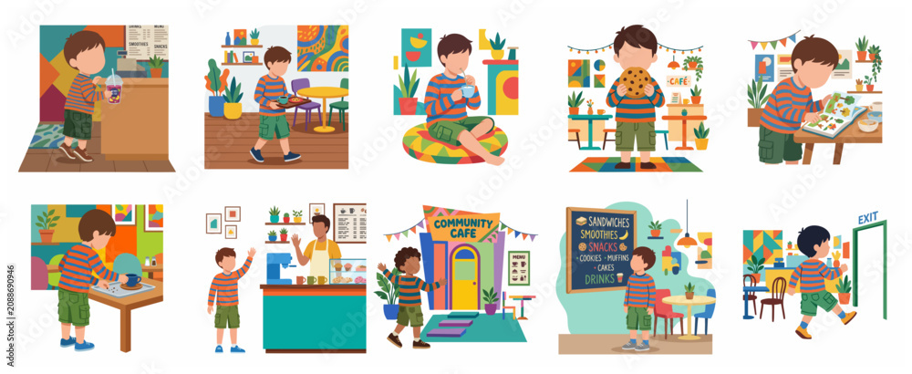 Fototapeta premium Set of flat vector illustrations of a young boy performing various activities in a cafe and community center, including eating, drinking, and helping.