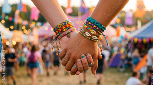 Friends holding hands with colorful friendship bracelets at music festival