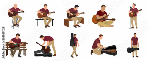 Flat vector set of a man playing acoustic guitar, tuning, singing, writing songs, and carrying a guitar case. Musician lifestyle illustrations isolated on white.