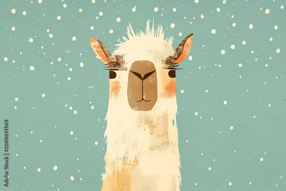 Fototapeta premium Funny llama illustration with cute expressive face against blue background with falling snow. Whimsical farm animal artwork for winter greeting card and nursery decor wall art design.