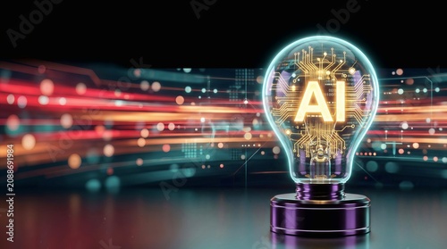 Artificial intelligence concept with AI letters glowing inside light bulb on futuristic technology background