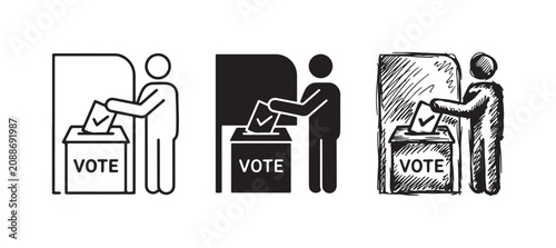 Voter at Polling Station Icon Set: Person Casting Marked Ballot into "VOTE" Box, Illustrated in Line Art, Silhouette, and Sketch Styles