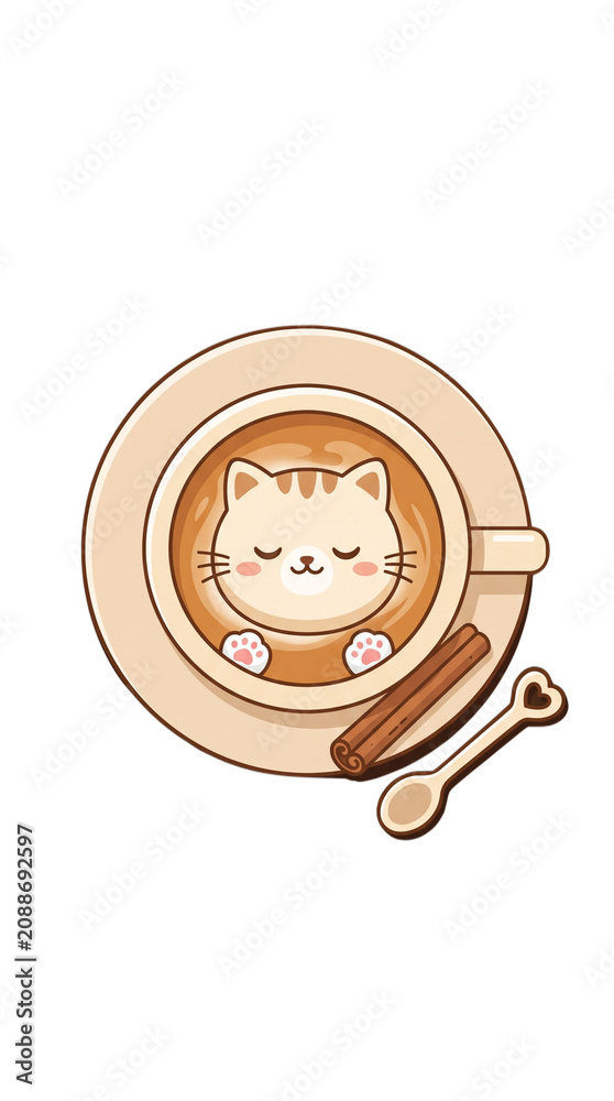 Obraz premium Cute Chibi Coffee Cup with Cat Latte Art Clipart