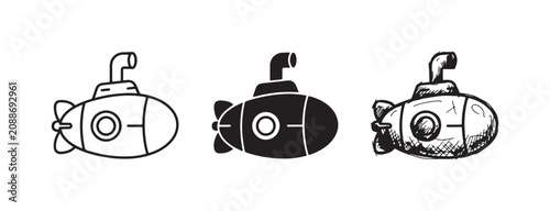 Obraz na plátně Three submarine icons in outline, solid black, and hand-drawn sketch styles, showcasing an underwater vehicle with a periscope and propeller