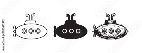 Konstfotografi Set of three submarine icons, featuring outline, solid black, and hand-drawn sketch designs, depicting an underwater vessel with twin periscopes and three portholes