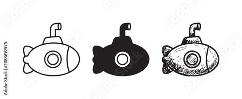 Obraz na płótnie Set of three submarine icons, featuring outline, solid black, and hand-drawn sketch styles, depicting a classic underwater vessel with a periscope