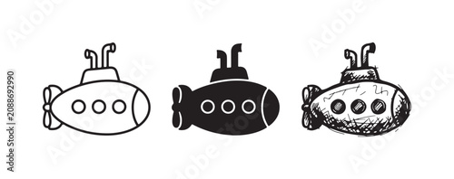 Fotografie Set of three submarine icons, including outline, solid black, and hand-drawn sketch versions, depicting an underwater boat with twin periscopes and windows