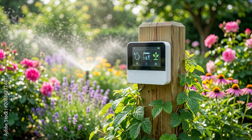 Smart irrigation system displays water levels and plant care settings. Garden has colorful flowers and green plants. Bright outdoor setting shows sunlight and greenery