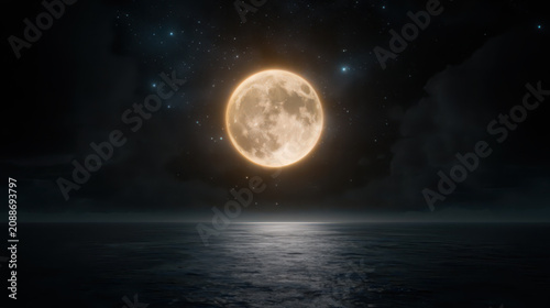 Starry night sky with a big moon on the coast of the ocean
