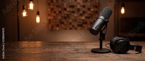 A professional microphone and a pair of headphones sit on a wooden table in a studio setting, illuminated by warm, ambient light from decorative Edison bulbs.