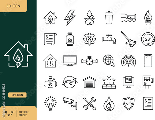 Public and Private Utilities Line Icons Set, Home Services and Energy Outline Symbols. Vector Illustration. Editable Stroke