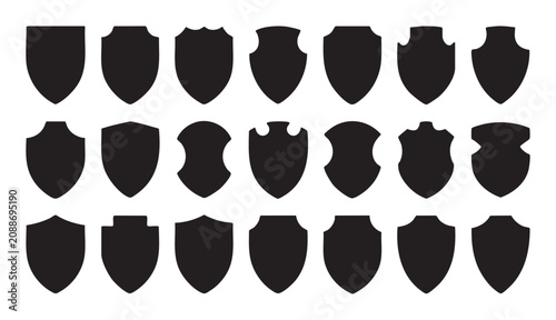 Collection of diverse shield shapes and silhouettes for design elements.