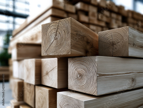 Perfectly stacked new wood boards smooth surface natural grain construction material lumber carpentry warehouse daylight
