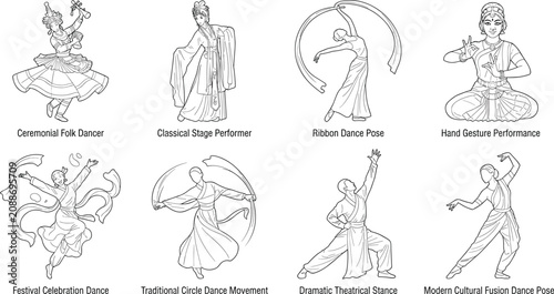 Obraz na plátně Traditional and Contemporary Dance Line Art Illustration Collection Featuring Cu