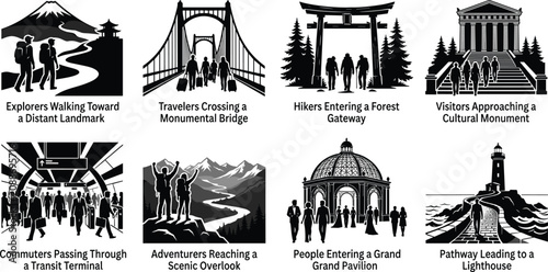 Fotografía Travel and Tourism Landmark Silhouette Collection Featuring Hikers Bridges Monum