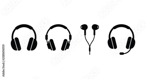 Tableau sur toile Assortment of headphones and earphones in black silhouette audio earbuds headban
