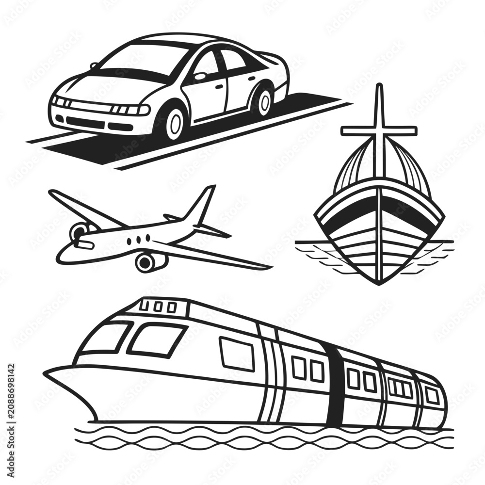 Obraz premium Set of transportation mode icons including car plane ship and passenger train with transportatio