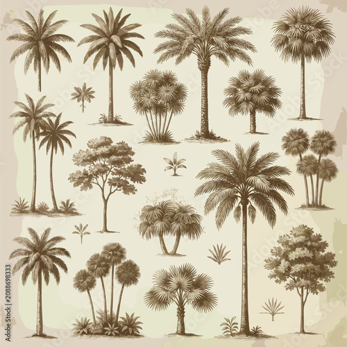 Foto Collection of various palm trees and tropical plants in sepia tones on beige bac
