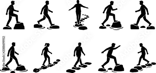 Stepping stone silhouettes collection, people walking icons, balance progression illustration, crossing obstacles design, minimalist black vector artwork