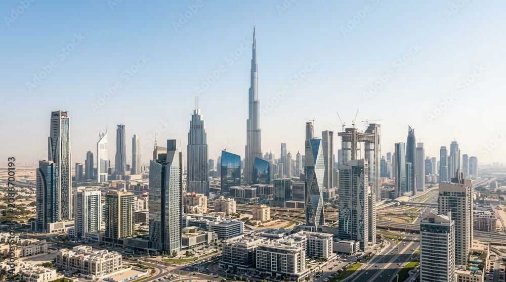 Obraz premium Dramatic skyline of Dubai showcasing advanced urban architecture and massive skyscrapers.