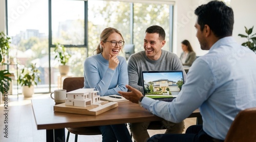 Happy couple meeting with a businessman to view a house on a laptop screen.
