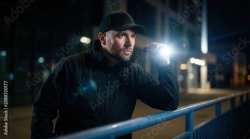 Male security guard performing a night patrol around the building perimeter.